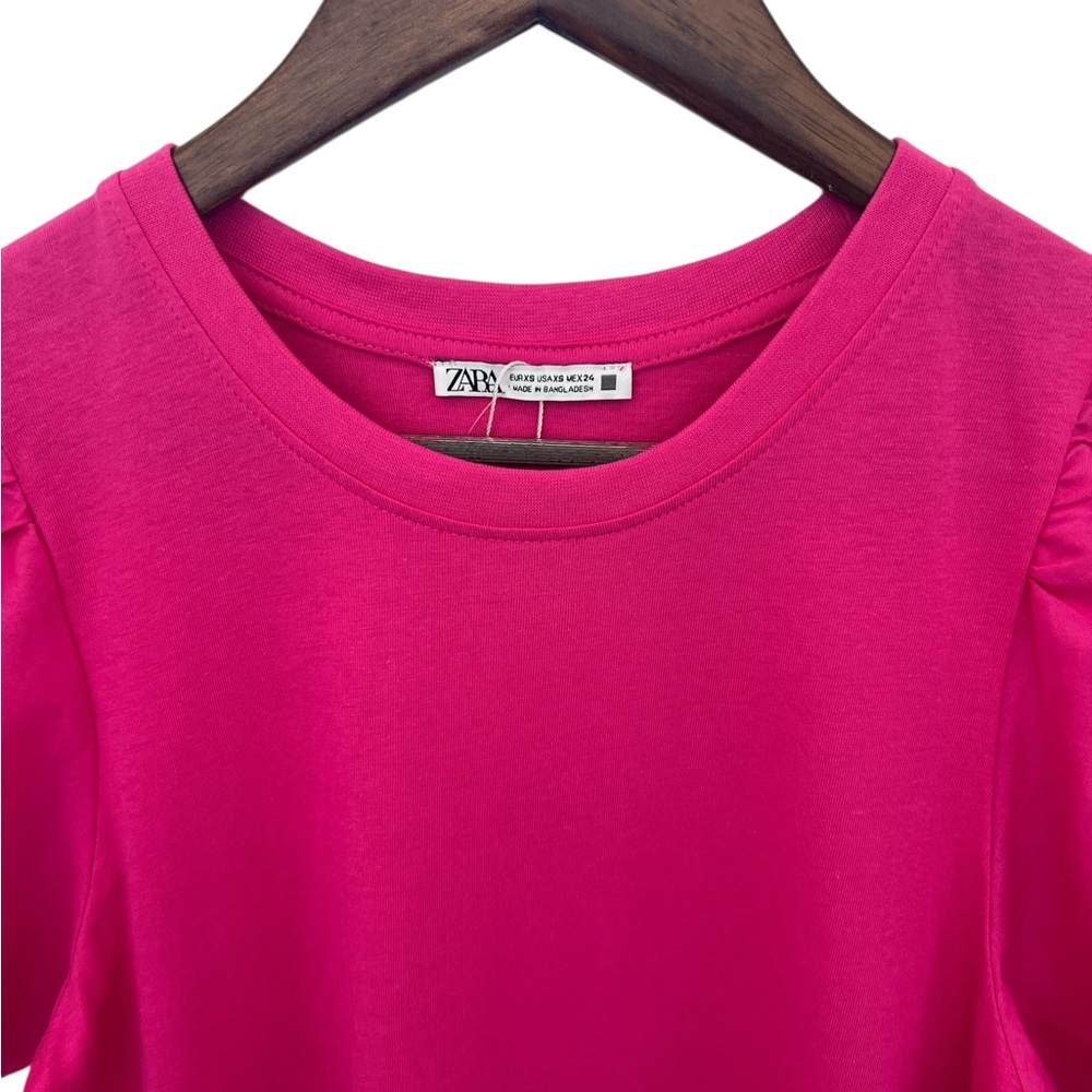 Zara Hot Pink Puff Sleeve Tiered Dress XS Pink Bubble Short Dress Casual Summer - Picture 5 of 6